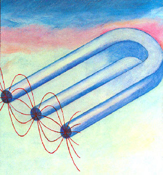 Drawing of a 3-pole magnet with electromagnetic wave sinusoids connecting the three ends. Drawing of a 3-pole magnet with electromagnetic wave sinusoids connecting the three ends.