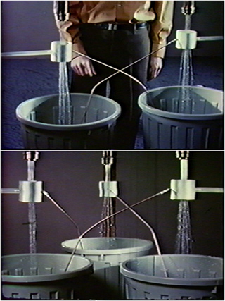 Top: A photograph of two streams of water running into buckets and producinng DC current. Bottom: A photograph of a three-stream water running system that produces AC current. Top: A photograph of two streams of water running into buckets and producinng DC current. Bottom: A photograph of a three-stream water running system that produces AC current.