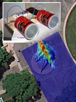A radar signal image superimposed on an overhead photo of a large steel scultpure, plus a photo of a student-built radar system. A radar signal image superimposed on an overhead photo of a large steel scultpure, plus a photo of a student-built radar system.